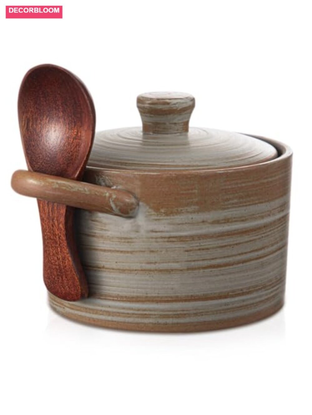 Rustic Speckled Ceramic Salt Cellar with Lid and Wooden Spoon, Dishwasher Safe